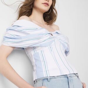 White House Black Market Drama Sleeve Bustier Off-Shoulder Blue White Top-12